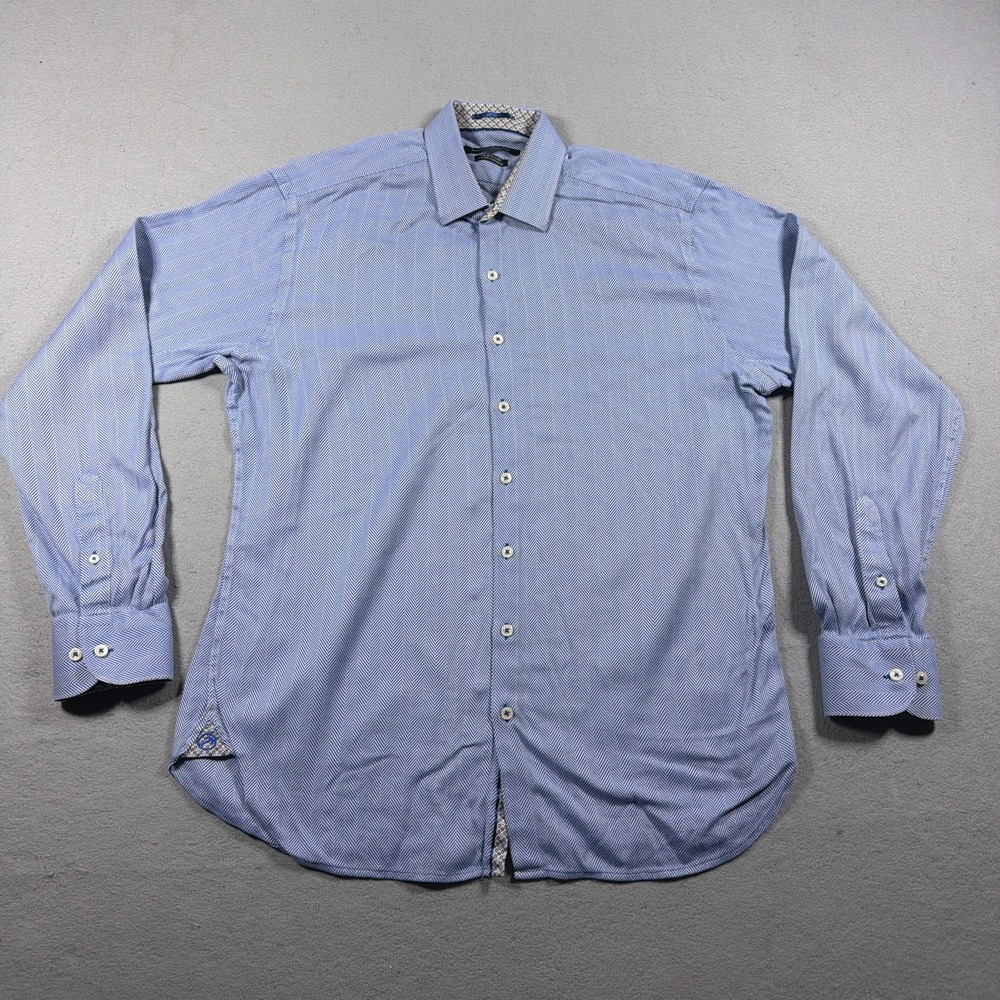 Hammer Made Shirt Mens L 16.5 Blue Herringbone Non Iron Dress Button Up